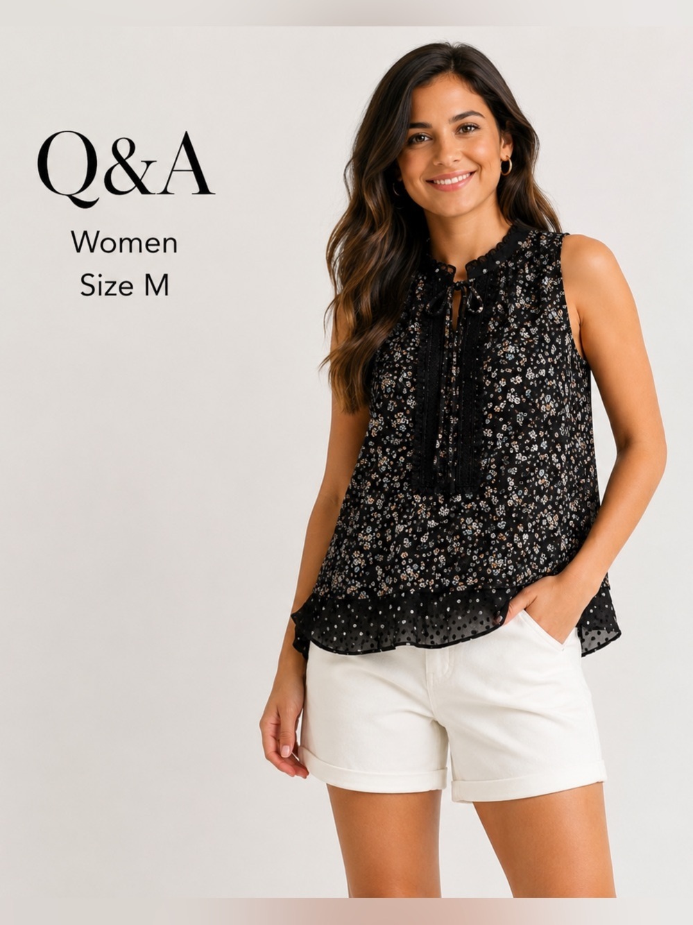 Q & A women black floral minimalist  sleeveless beautiful blouse/size M